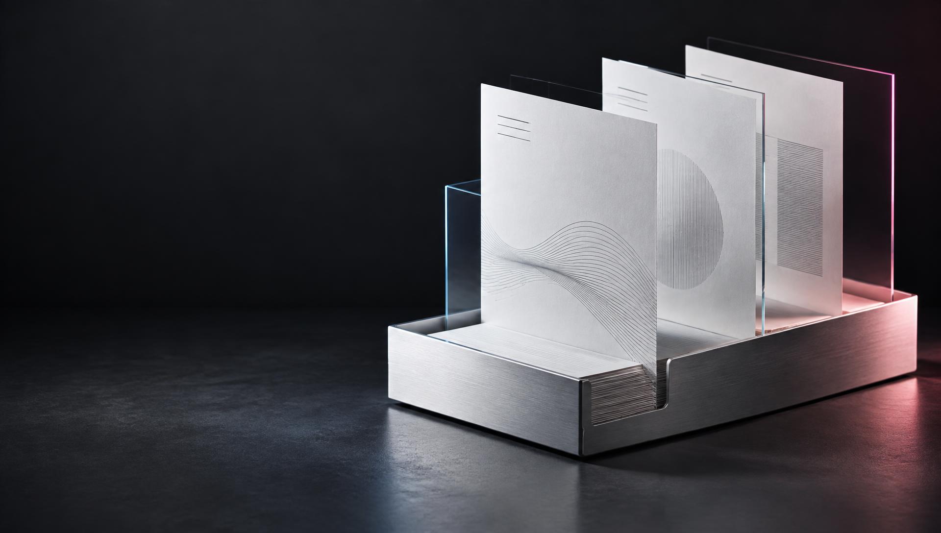 Document sheets and glass panels arranged in a polished tray