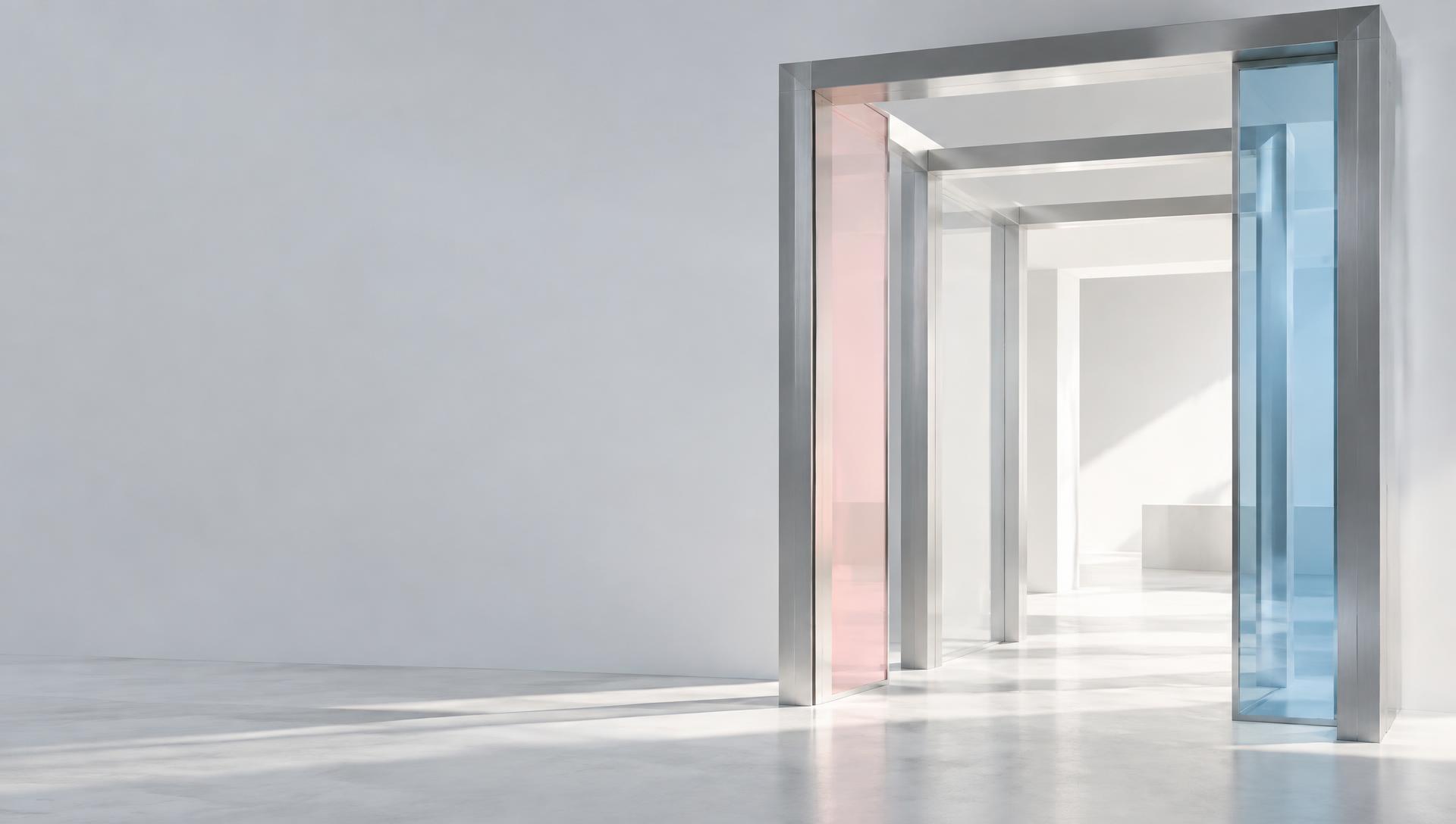 An open glass doorway with nested architectural frames